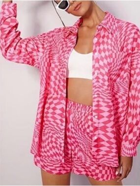Pink Geometric Two-Piece Shirt & Short Set